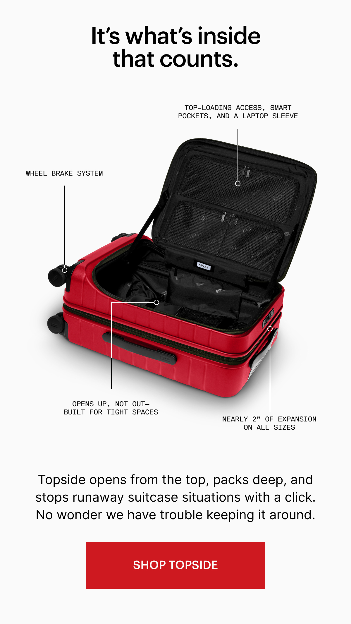 It&rsquo;s what&rsquo;s inside that counts. | Topside opens from the top, packs deep, and stops runaway suitcase situations with a click. No wonder we have trouble keeping it around.