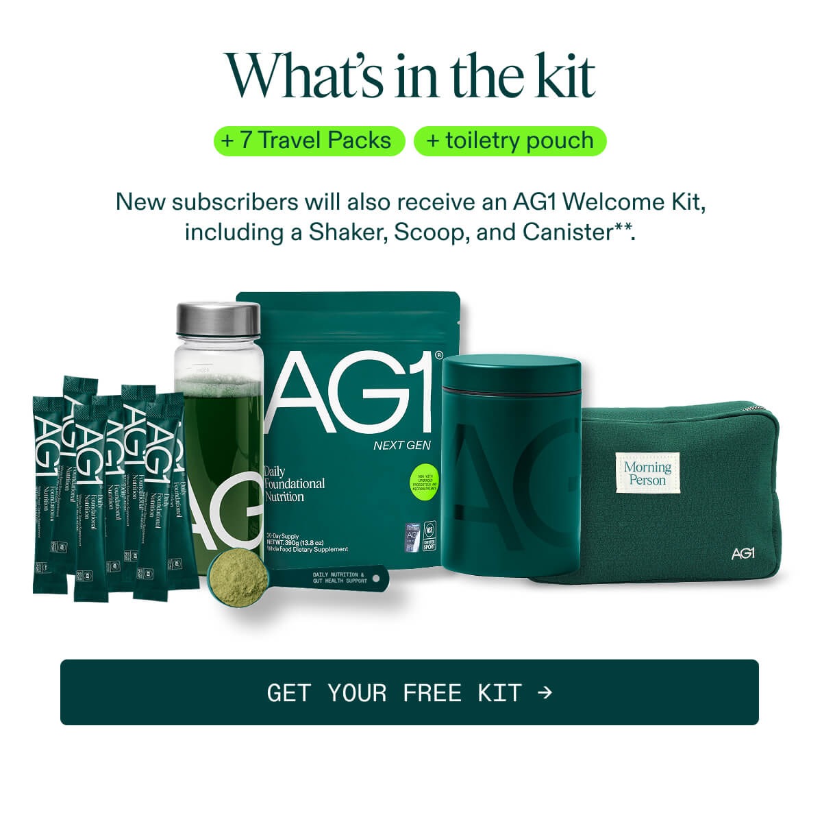 New subscribers will receive an AG1 welcome kit and a travel kit
