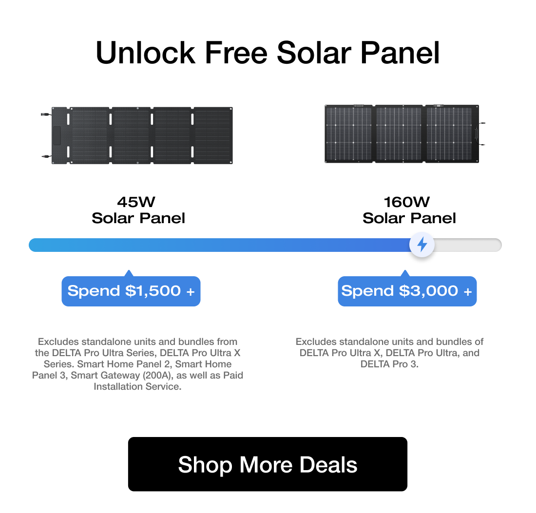 Unlock Free Solar Panel 45W Solar Panel	160W Solar Panel Spend $1,500 +	Spend $3,000 + Excludes standalone units and bundles from the DELTA Pro Ultra Series, DELTA Pro Ultra X Series. Smart Home Panel 2, Smart Home Panel 3, Smart Gateway (200A), as well as Paid Installation Service.	Excludes standalone units and bundles of DELTA Pro Ultra X, DELTA Pro Ultra, and DELTA Pro 3. "Shop More Deals https://us.ecoflow.com/pages/outdoor-sale"	