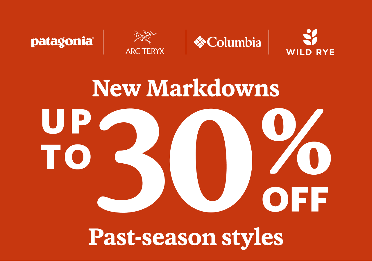 Patagonia logo. Arc'teryx logo. Columbia logo. Wild Rye logo. New Markdowns. Up to 30% off past-season styles
