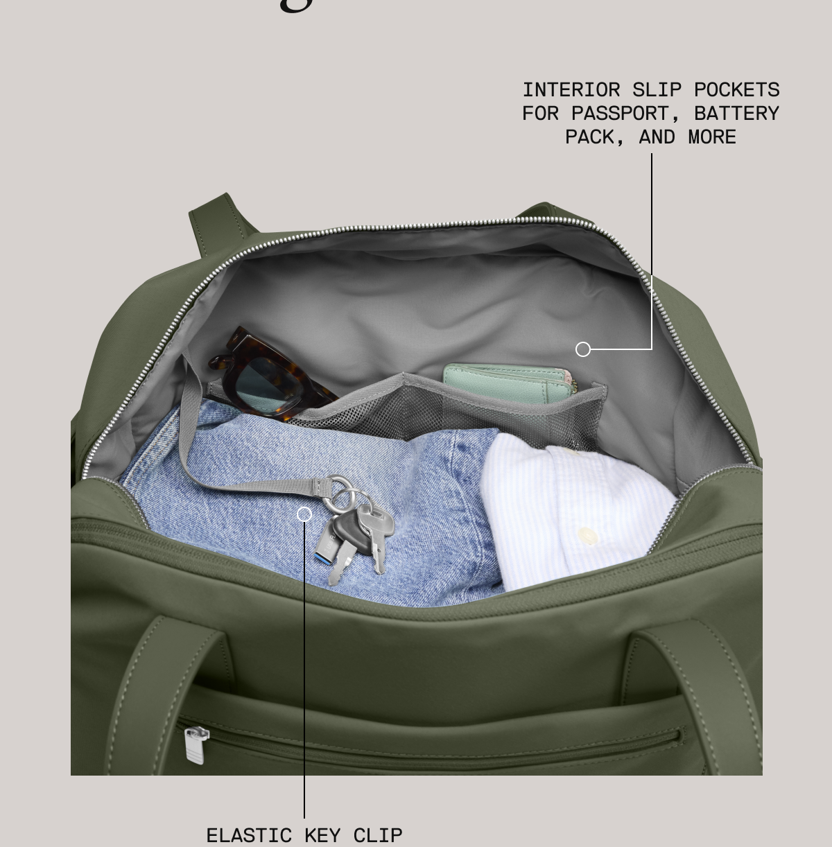 Interior slip pockets for passport, battery pack, and more | Elastic key clip