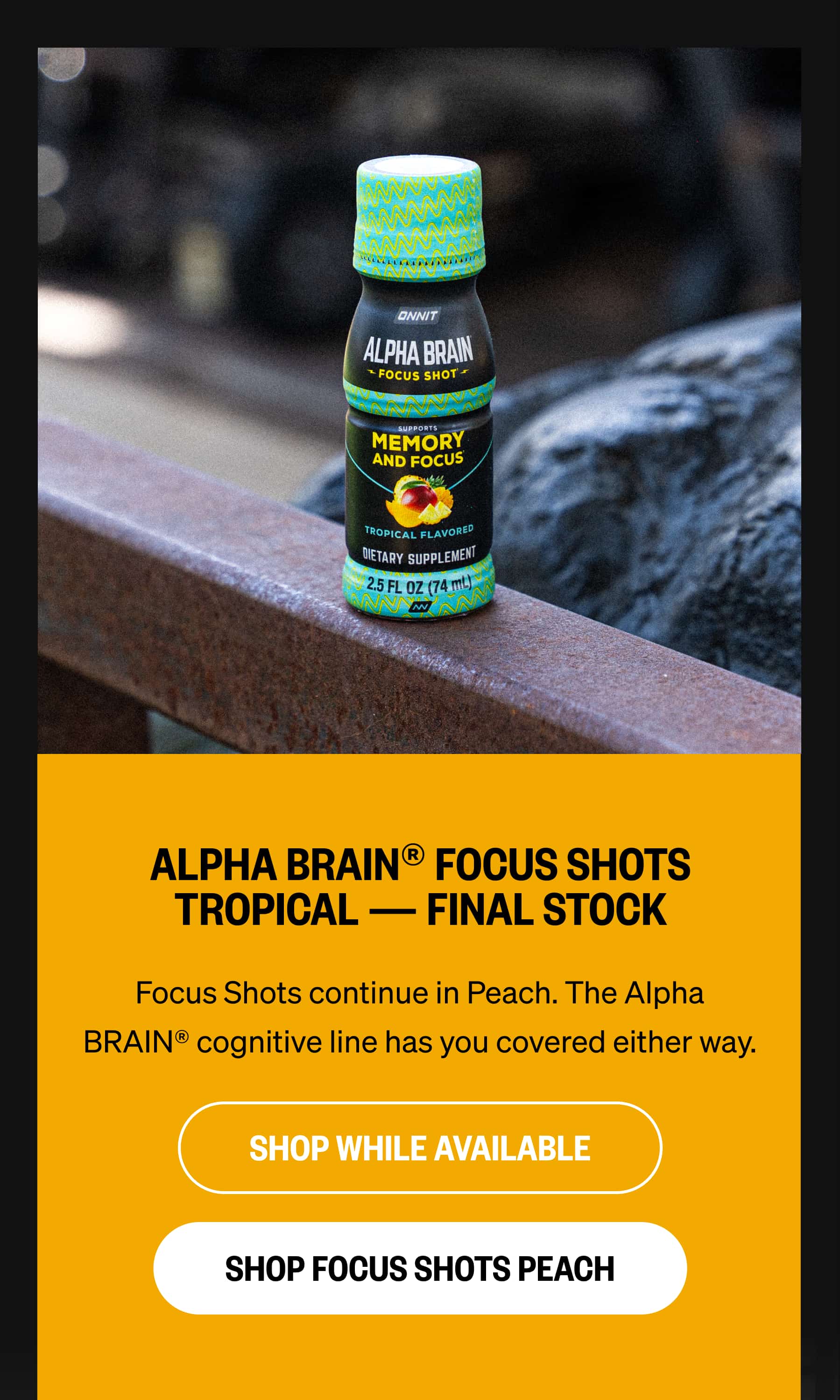 ALPHA BRAIN&reg; FOCUS SHOTS TROPICAL &mdash; FINAL STOCK Focus Shots continue in Peach. The Alpha BRAIN&reg; cognitive line has you covered either way. SHOP WHILE AVAILABLE SHOP FOCUS SHOTS PEACH