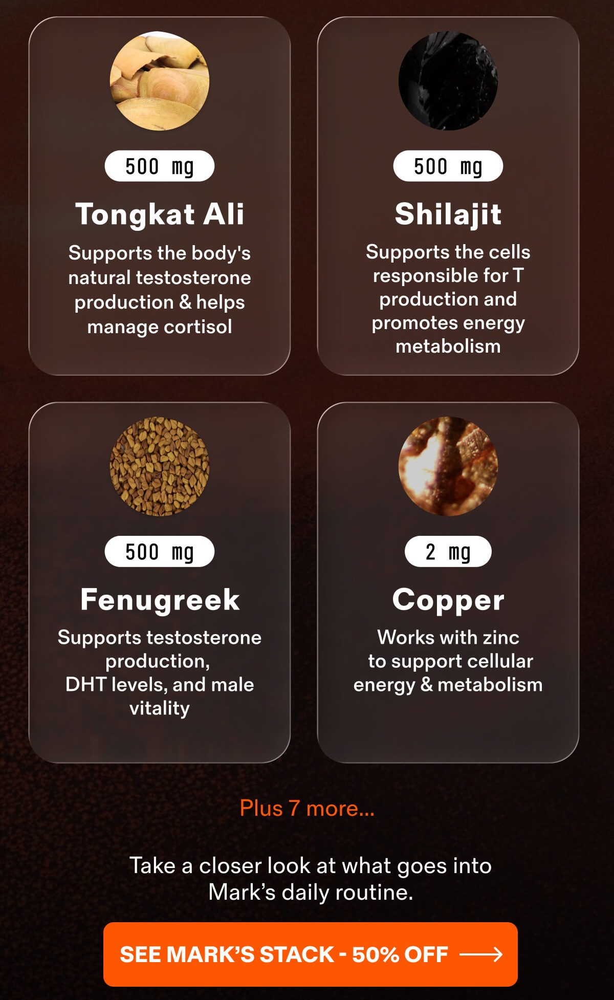 Tongkat Ali, Shilajit, Fenugreek, Copper, and 7 more. See Mark&rsquo;s stack, 50% off.