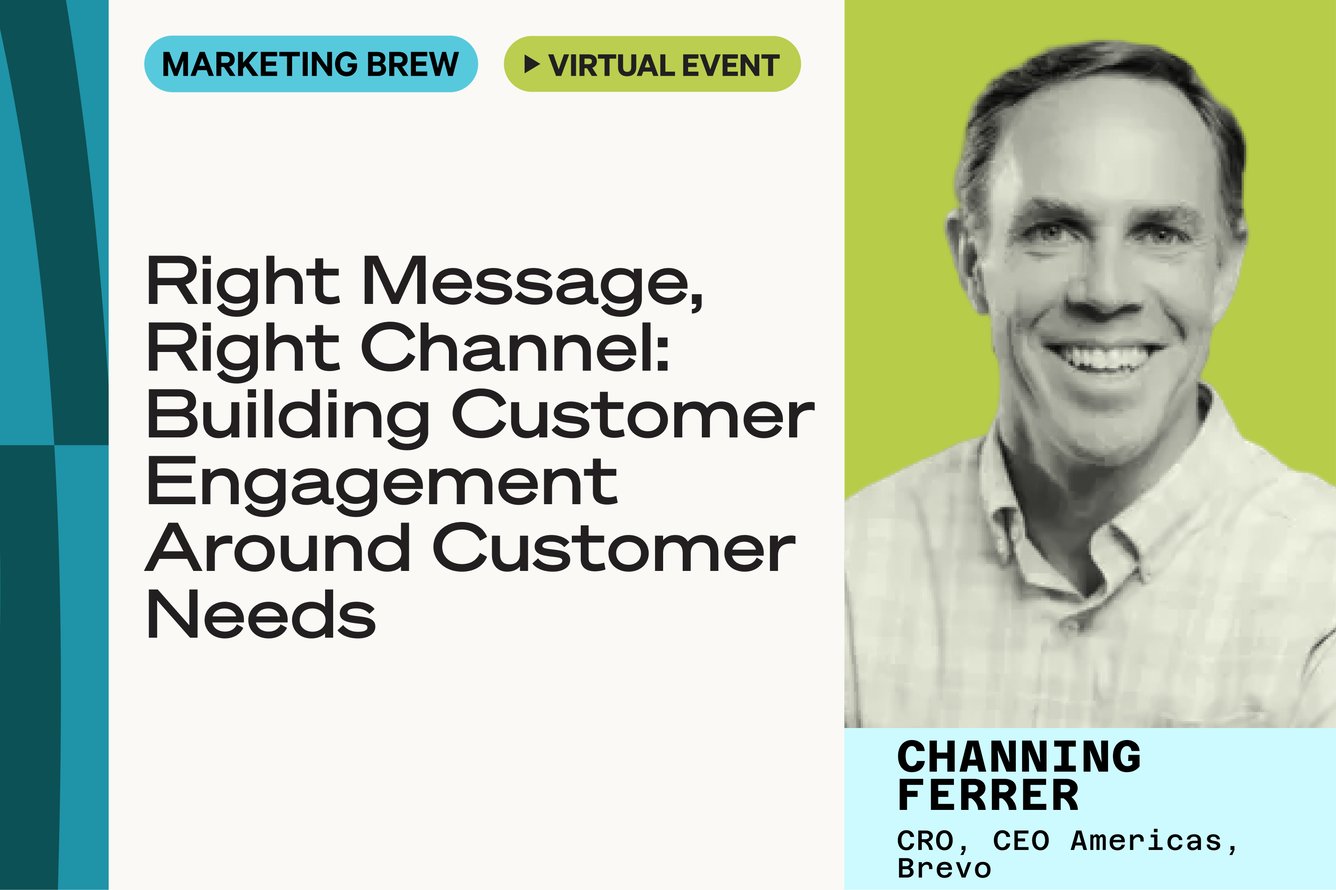 a promotional image for a Marketing Brew virtual event featuring a photo of Channing Ferrer, CRO and CEO, Americas, Brevo