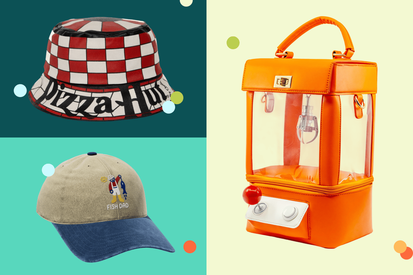 Brand merch collage: Pizza Hut checkered bucket hat, Fishwife