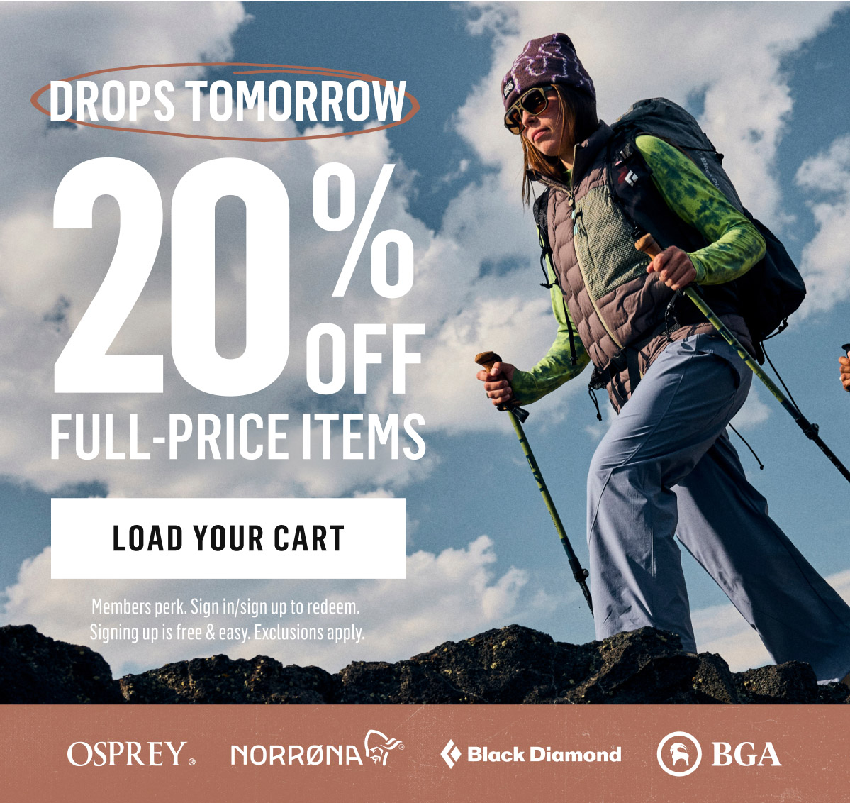 Drops tomorrow. 20% off full-price items. Load your cart. Members perk