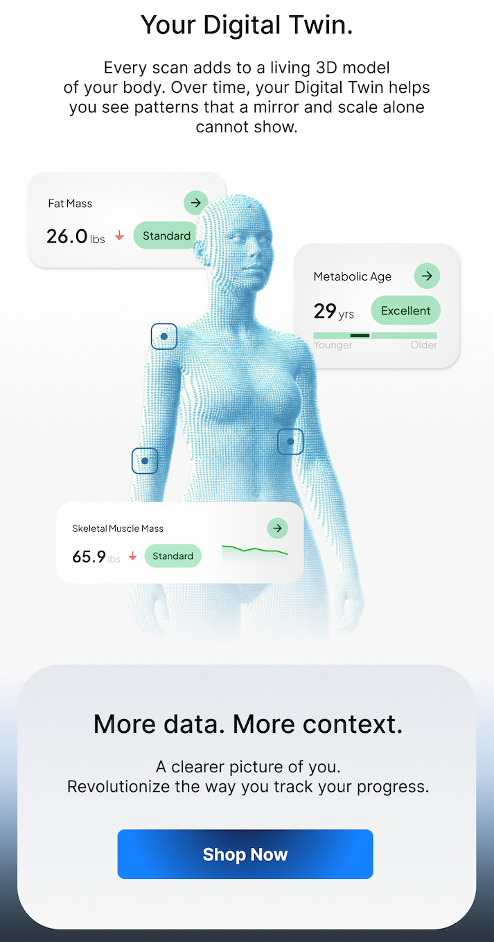 Every scan builds your Digital Twin, a living 3D model that reveals patterns a mirror alone never could. More data, more context.