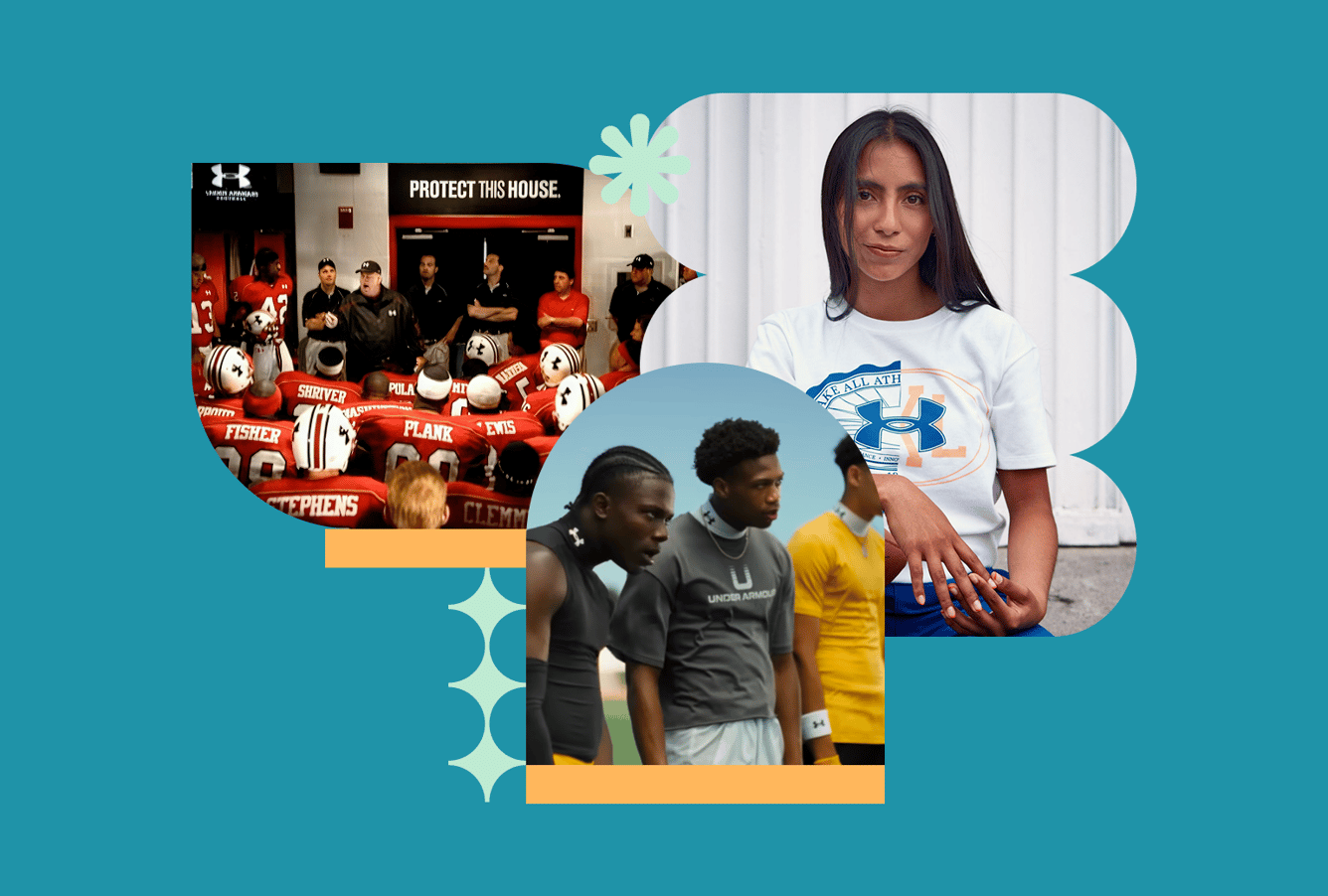 An illustration composed of three stills from Under Armour's most recent ad campaign, including players in a locker room wearing red jerseys, flag football player Diana Flores wearing a white Under Armour shirt, and football players including Justin Jefferson wearing an Under Armour shirt