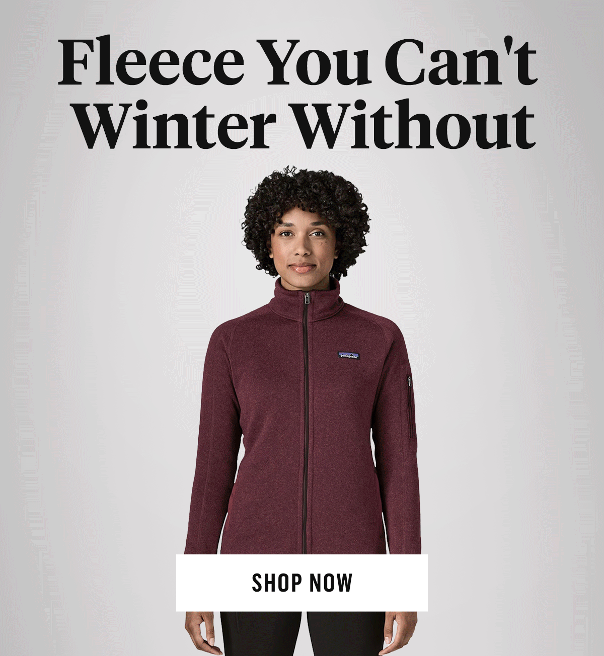 Fleece you can't winter without: woman in a burgundy Patagonia fleece jacket. Shop Now