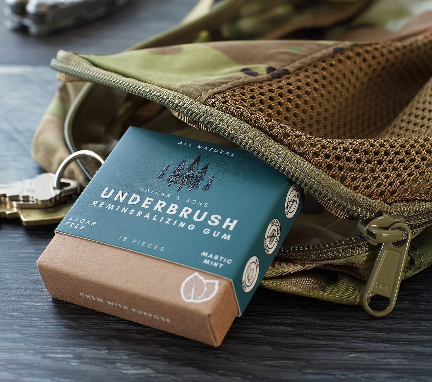 Underbrush gum falling out of backpack