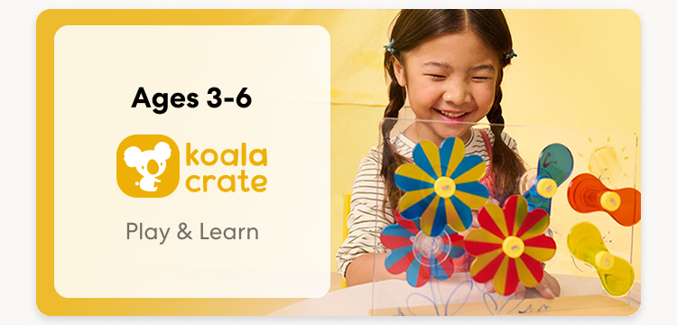 Koala Crate. Ages 3&ndash;6. Play & Learn. A child holds colorful flower-themed craft projects.