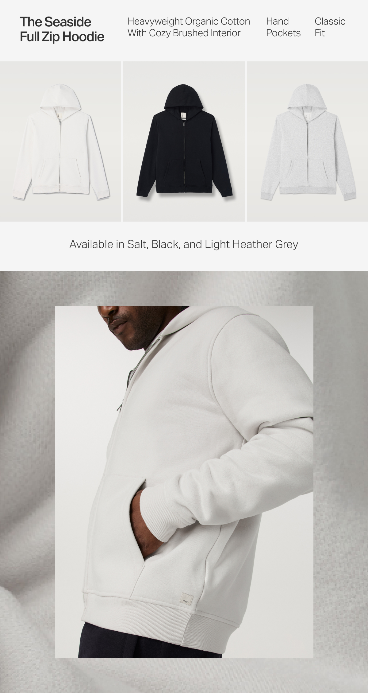 Available in Salt, Black, and Light Heather Grey
