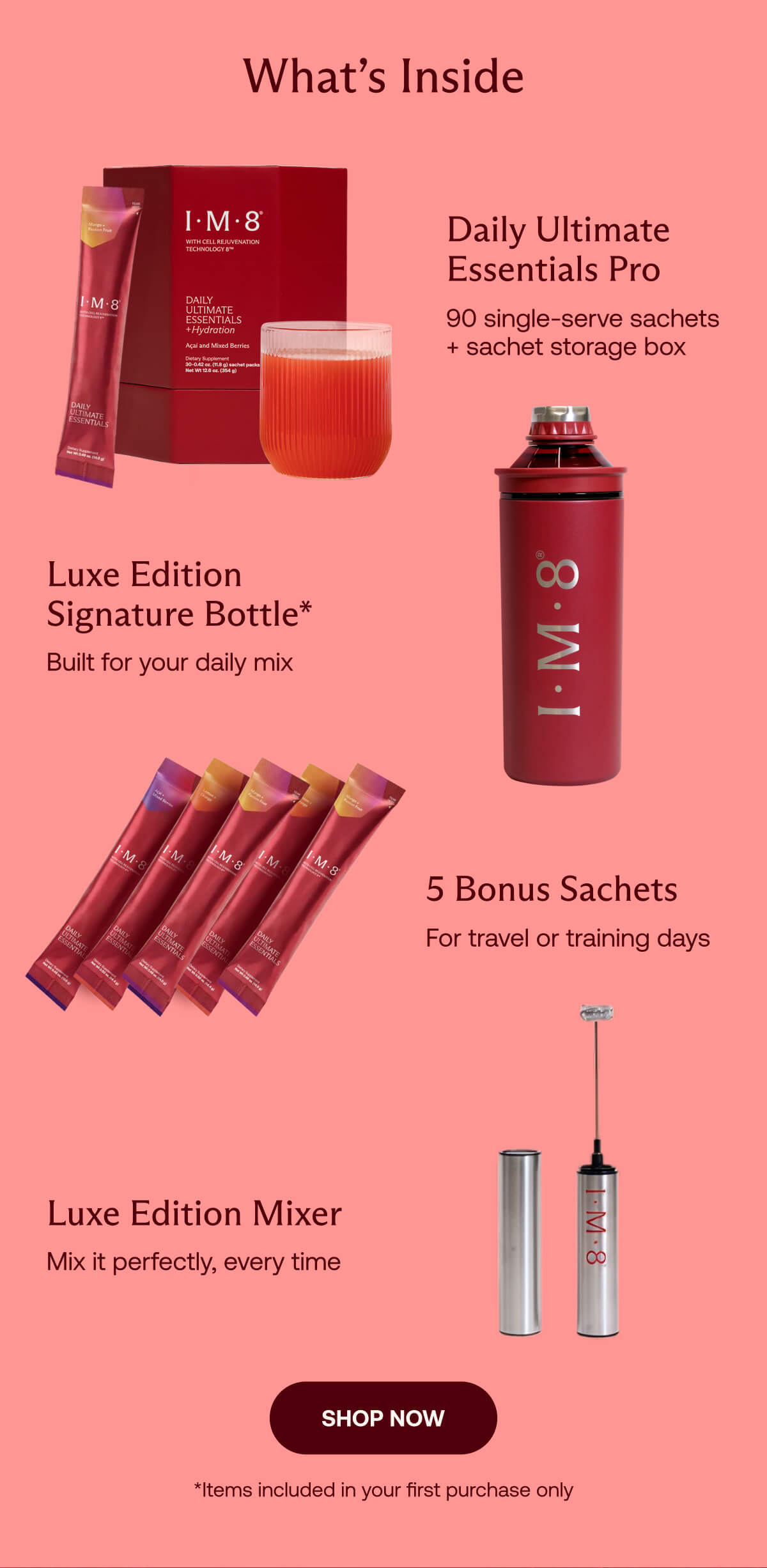 What's Inside: Daily Ultimate Essentials Pro, Luxe Edition Signature Bottle, 5 Bonus Sachets, Luxe Edition Mixer | Shop Now