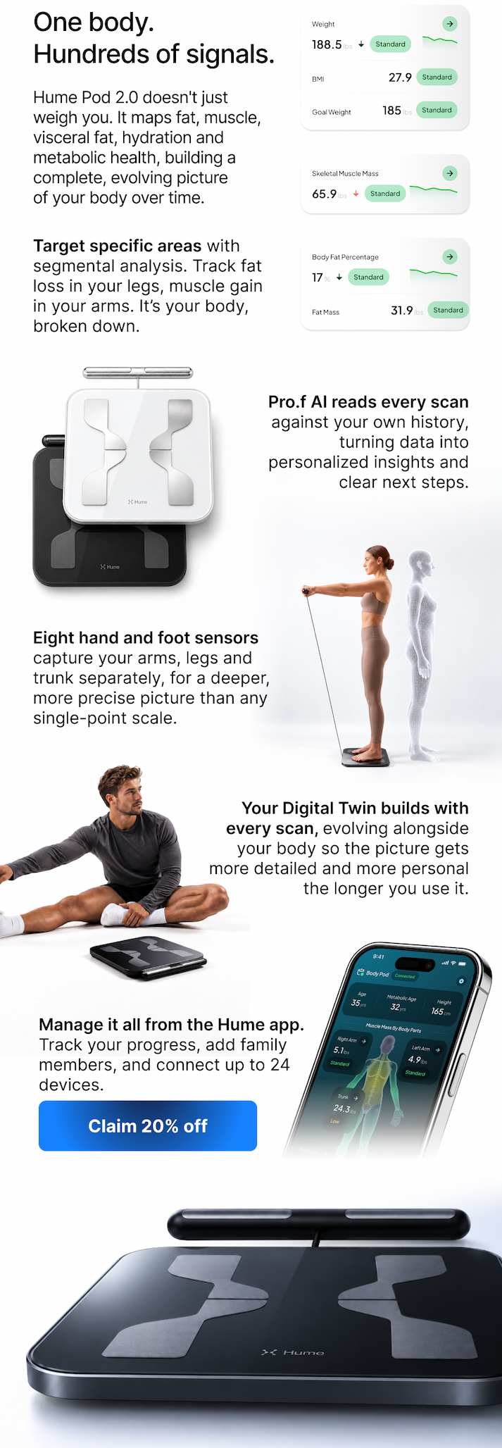 One body, hundreds of signals. Hume Pod 2.0 maps muscle, fat, and hydration by segment, then keeps it all in one app.
