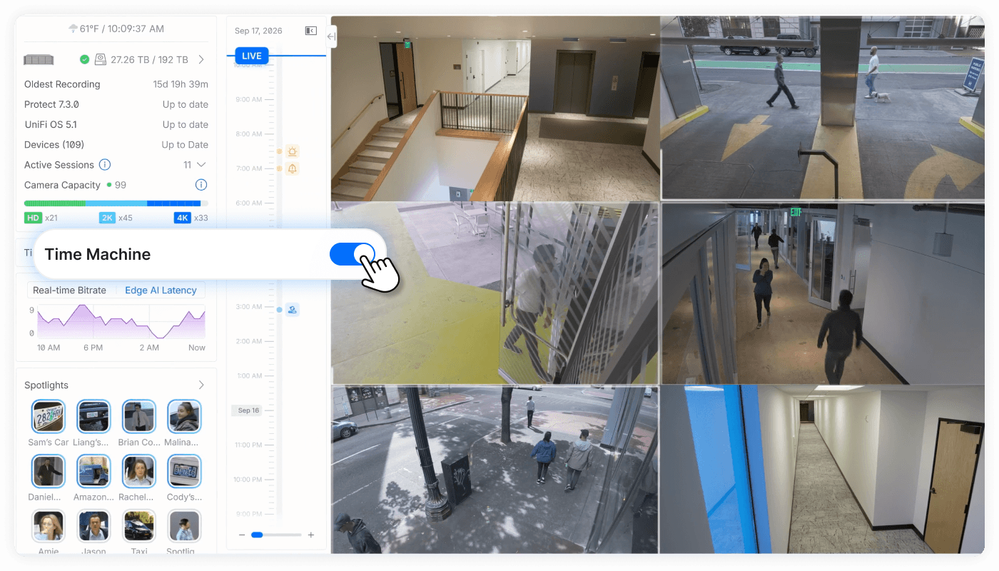 Review recordings across multiple cameras with full Time Machine capabilities,  directly from your dashboard.